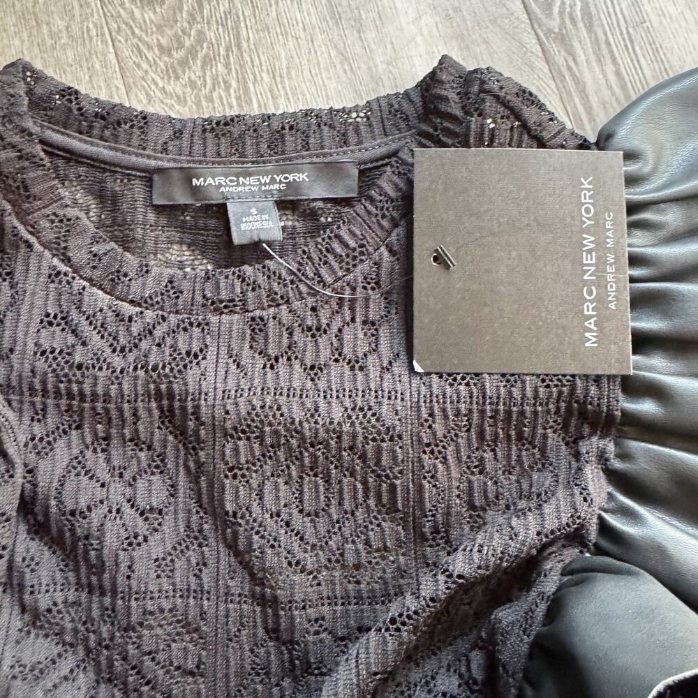 NWT Marc NY Black Lace Top Women Sz S Stretch Faux Leather Ruffle Whimsygoth - Picture 5 of 12